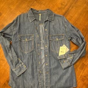 Free People Blue Vintage Wash Denim Top Seventies Collection XS